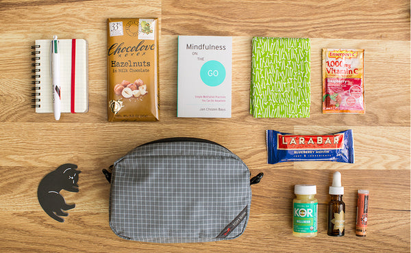 An assortment of small/pocket-sized items (i.e. a notepad and small tri-color pen, a chocolate bar, an energy bar, a pocket book, a hankerchief, a packet of powdered Vitamin C, a charm, a tube of lip balm, a bottle of pills, a cat sticker, and a fragrance with dropper) that will fit together in a 3D Organizer Kit.